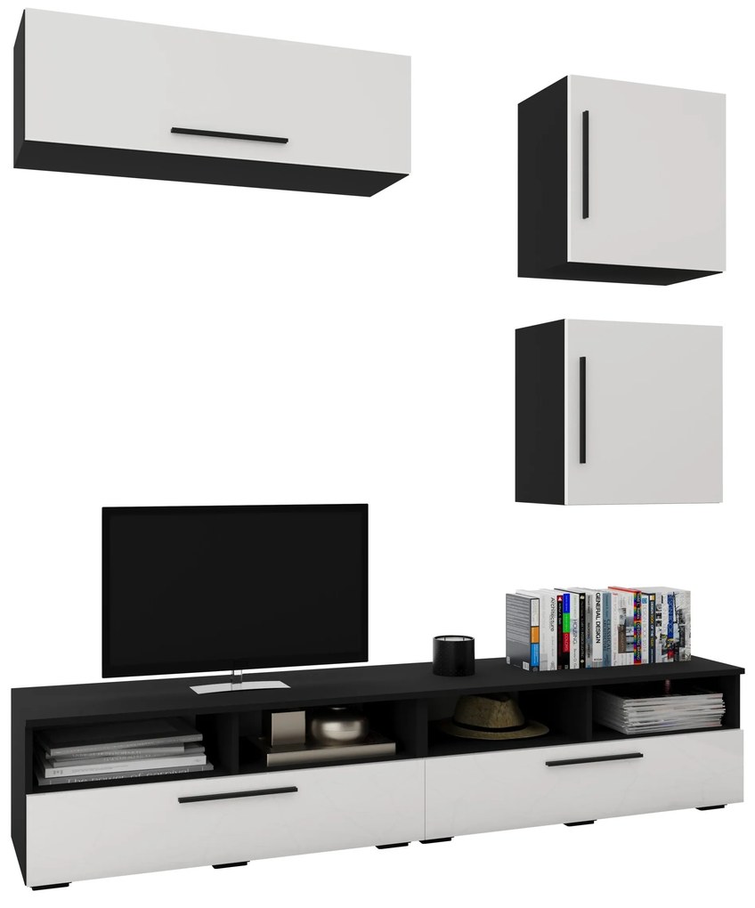 Living Kos V15, Negru/Alb Lucios, MDF, L 190 cm