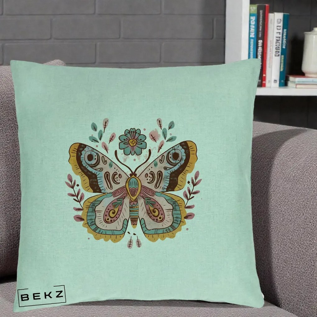 Perna Decorativa Fluture Boho Floral, 40x40 cm, Verde Menta, Husa Detasabila, Perna Inclusa, BEKZ®