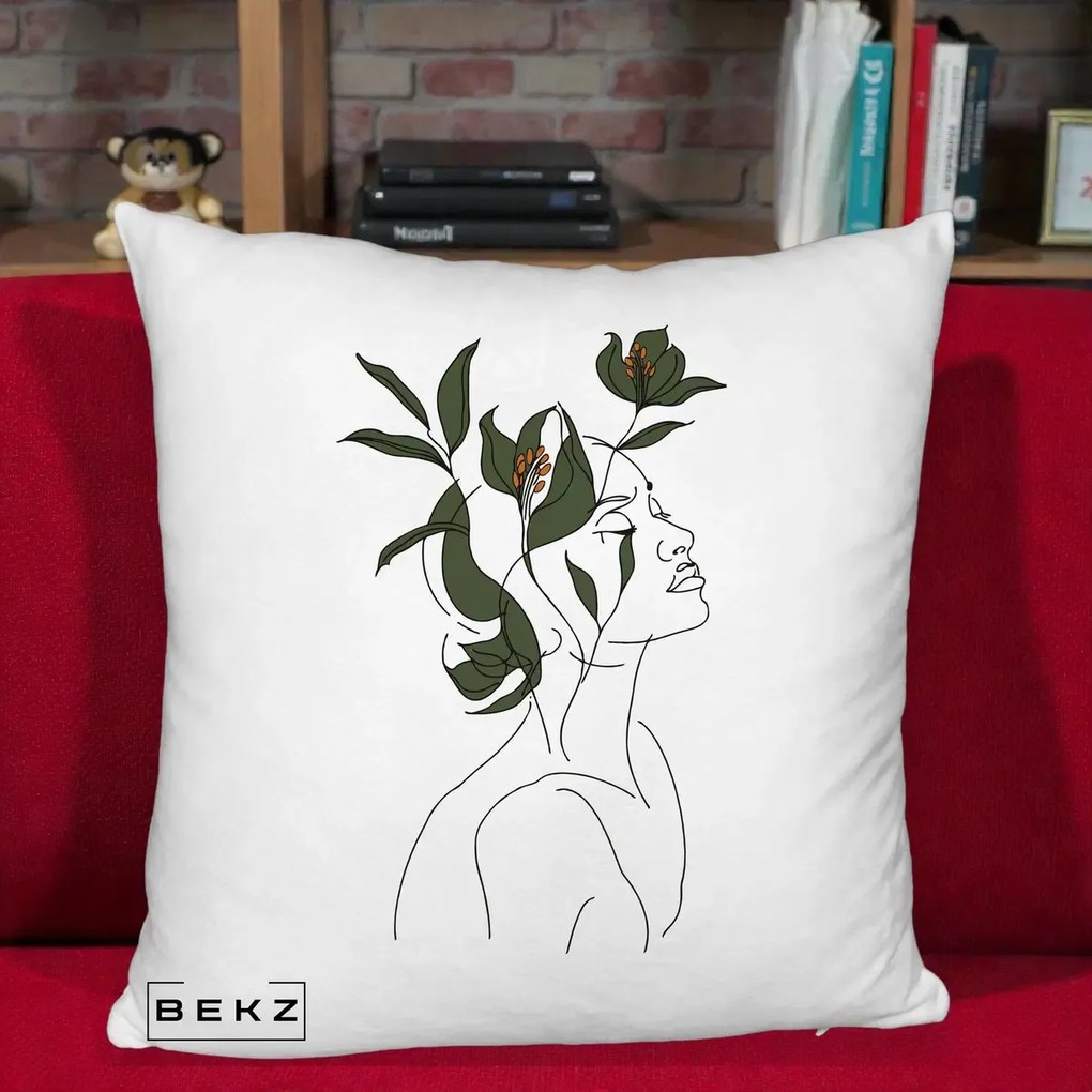 Perna Decorativa Portret Feminin Crin Verde, 40x40 cm, Alb Pufos, Husa Detasabila, Perna Inclusa, BEKZ®