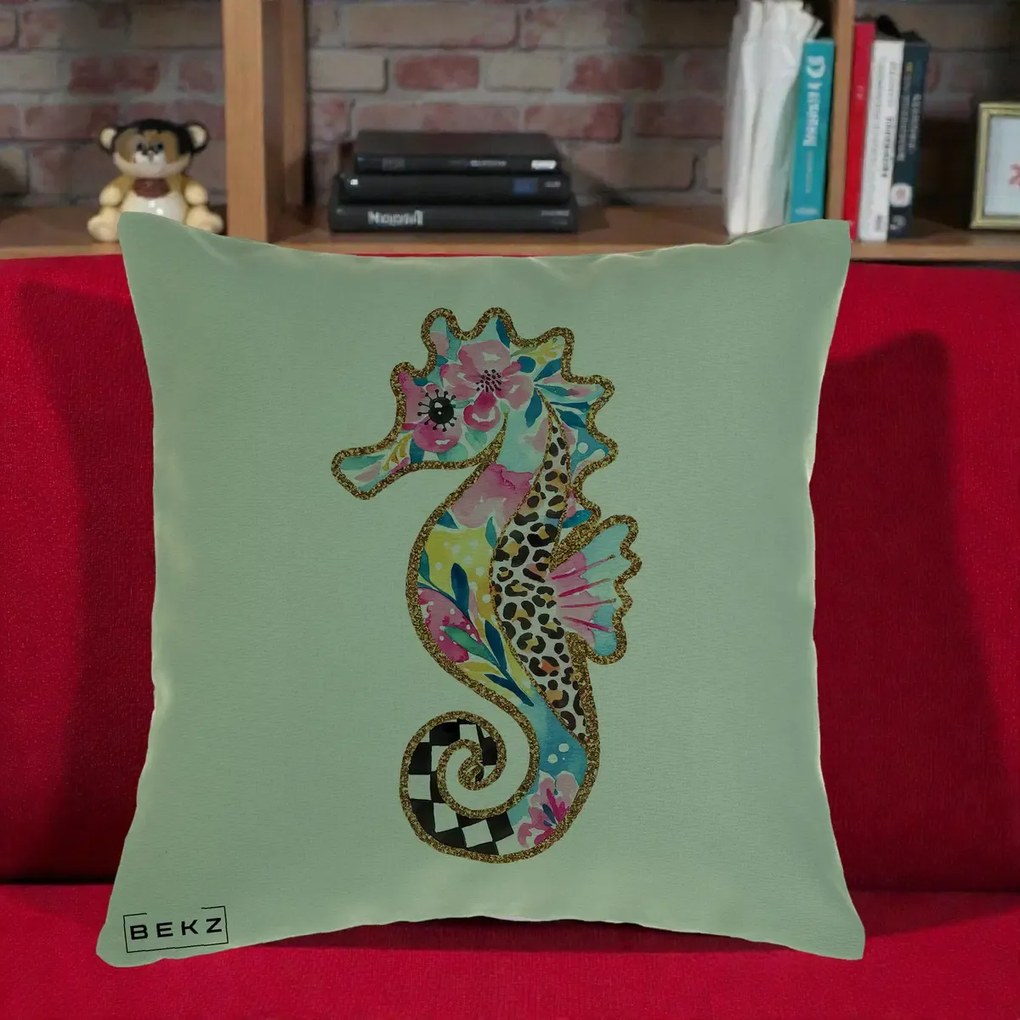 Perna Decorativa Calut de Mare Glitter Tropical, 40x40 cm, Verde, Husa Detasabila, Perna Inclusa, BEKZ®