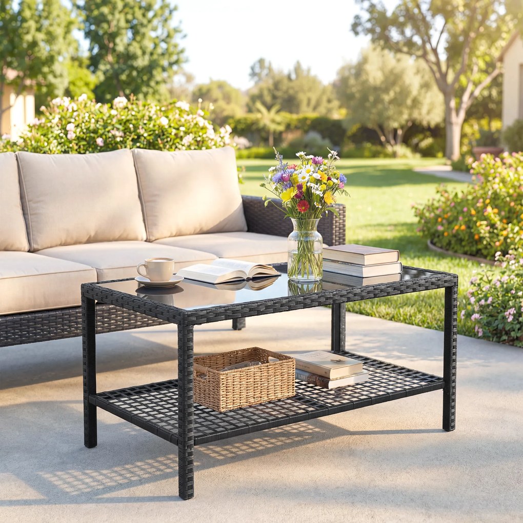 Outsunny Măsuță de Cafea din Ratan pe 2 Niveluri cu Raft, Blat din Sticlă Securizată, Măsuță de Exterior cu Cadru din Oțel, 92x50x45 cm, Negru | Aosom Romania