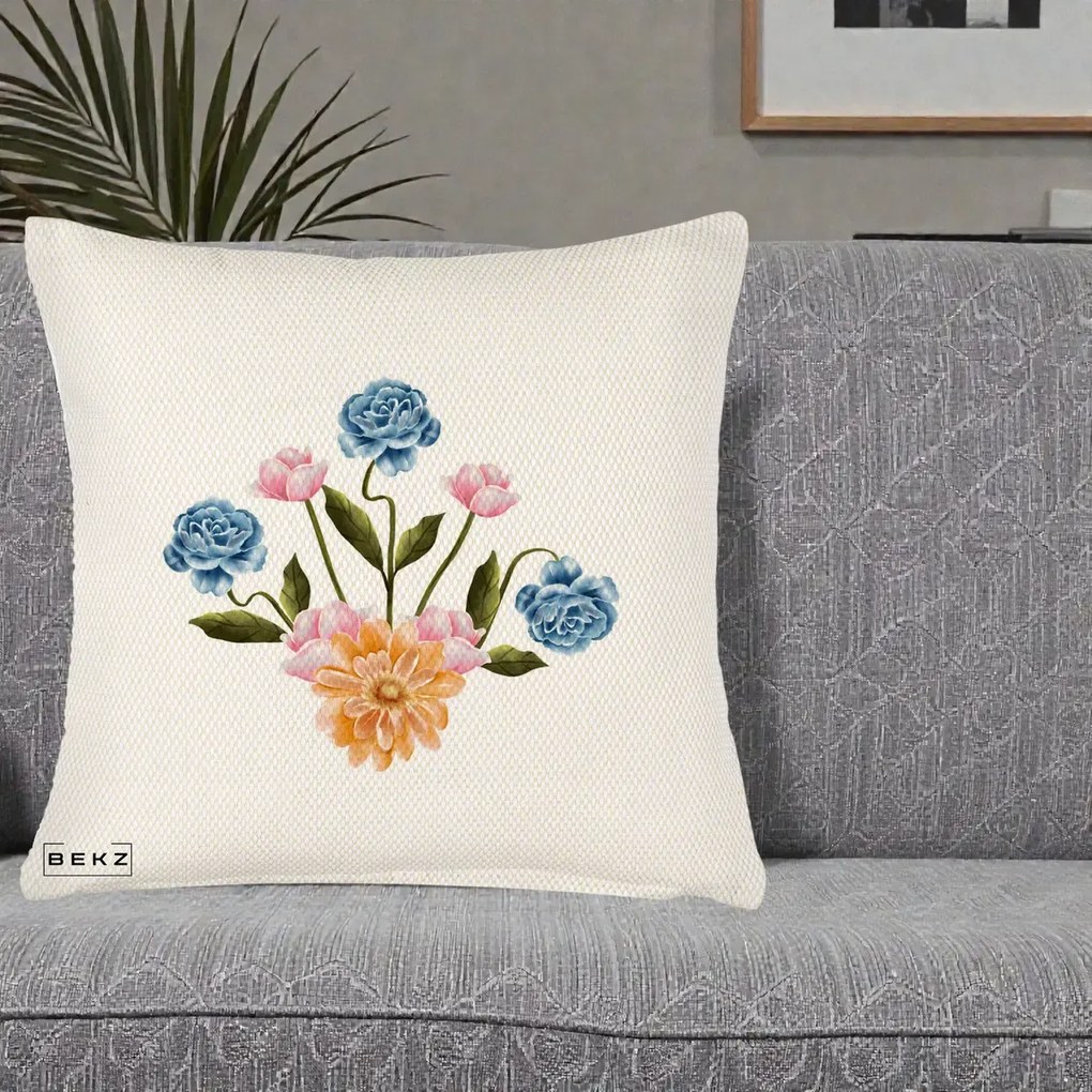 Perna Decorativa Buchet Primavara Acuarela, 40x40 cm, Crem Reliefat, Husa Detasabila, Perna Inclusa, BEKZ®