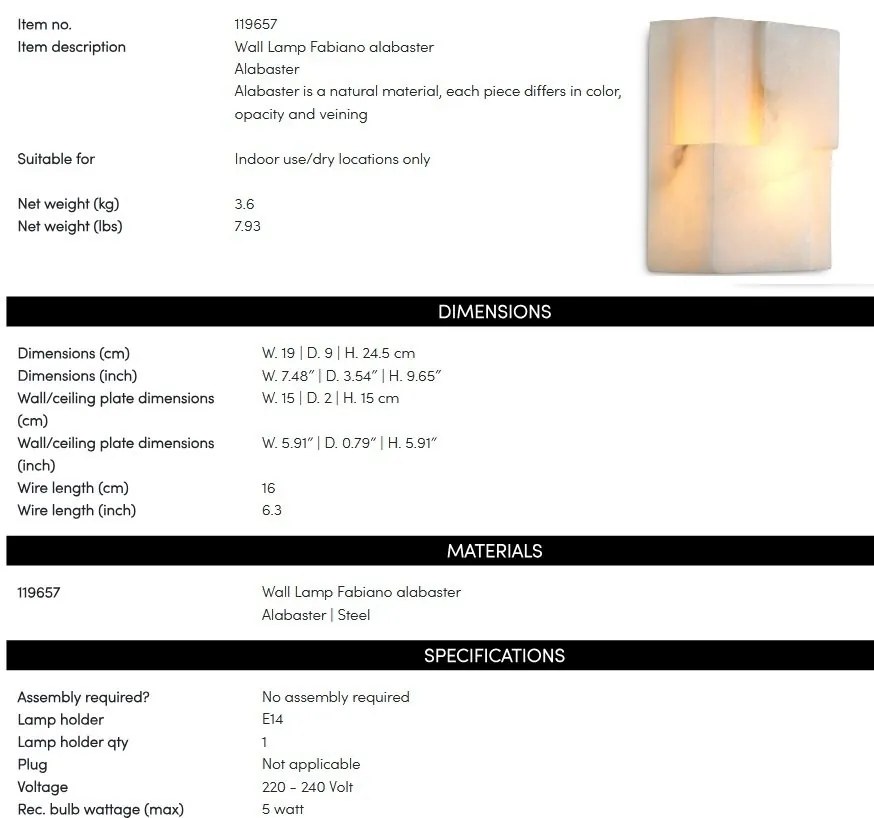 Aplica de perete LUX din alabastru Fabiano