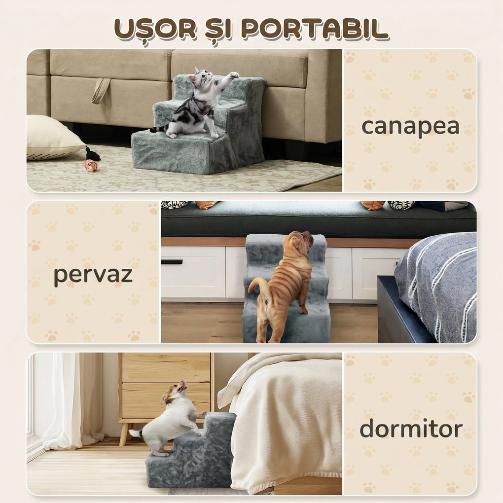PawHut scară pentru câini cu 3 trepte, pentru câini și pisici de până la 4,5 kg, din catifea, husă detașabilă și lavabilă, gri deschis | Aosom Romania
