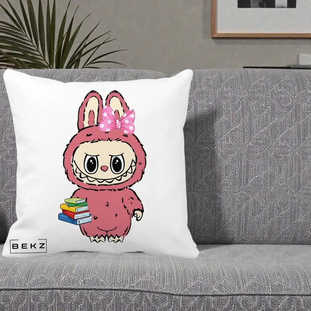 Perna Personalizata Labubu Roz cu Funda si Carti, 40x40 cm, Alba Mata, Husa Detasabila, Perna Inclusa, BEKZ®