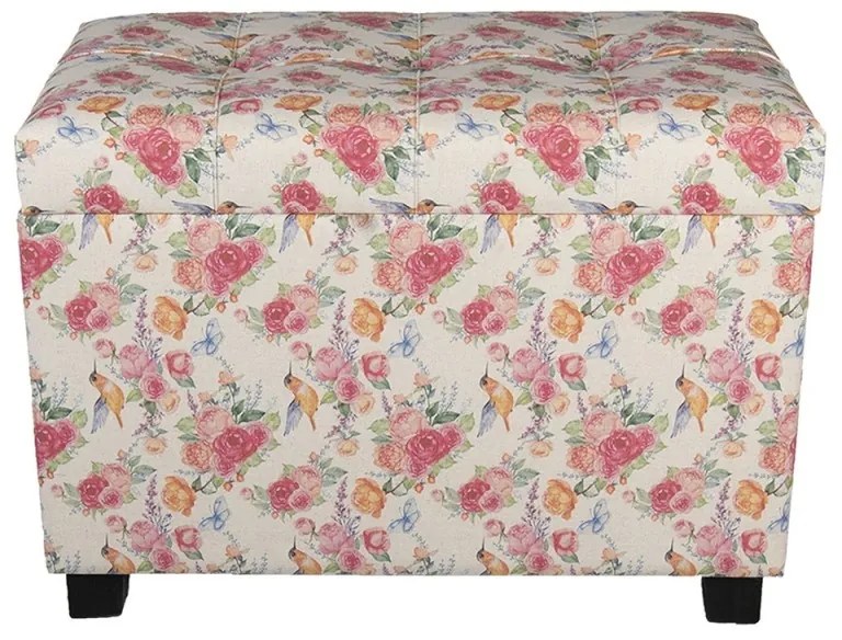 Pouf shabby chic, roz, cu imprimeu floral și păsări, 60x36x43 cm