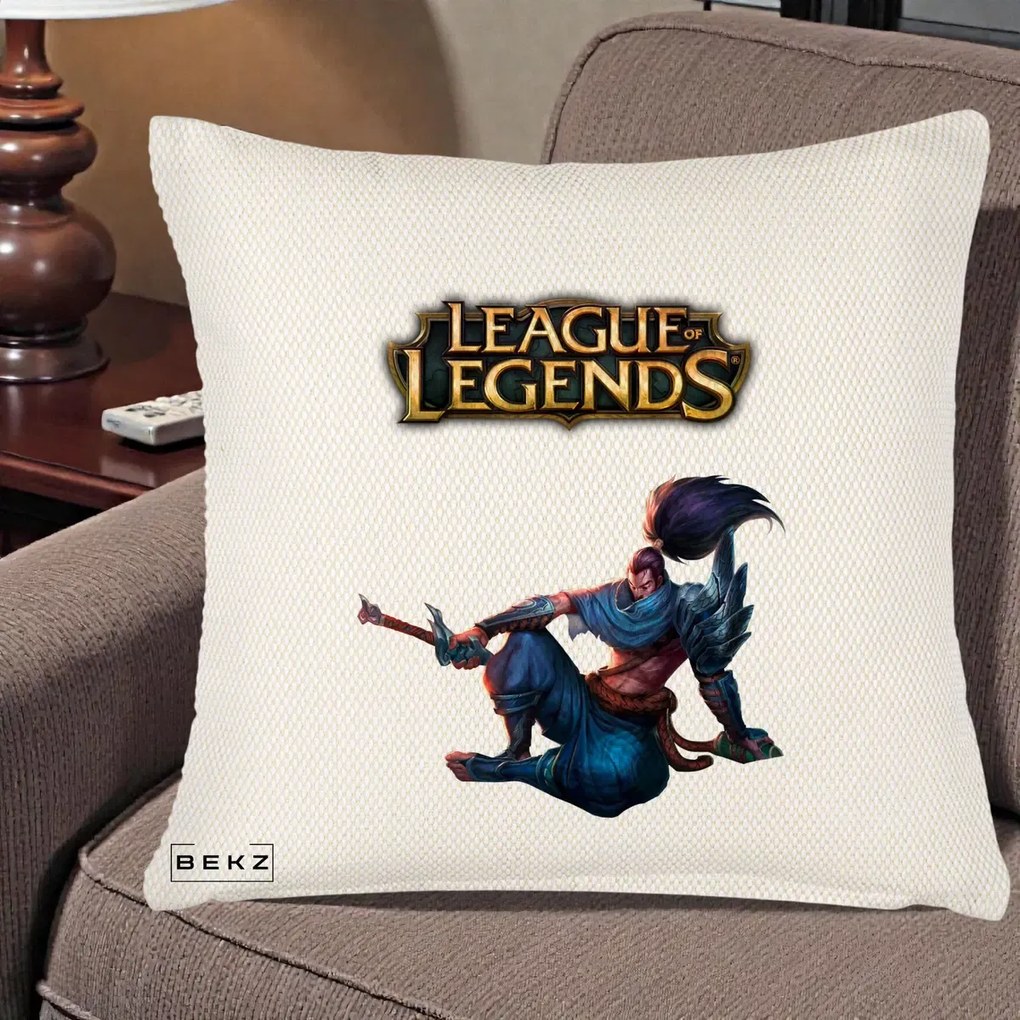 Perna Personalizata League of Legends Yasuo, 40x40 cm, Crem Reliefat, Husa Detasabila, Perna Inclusa, BEKZ®