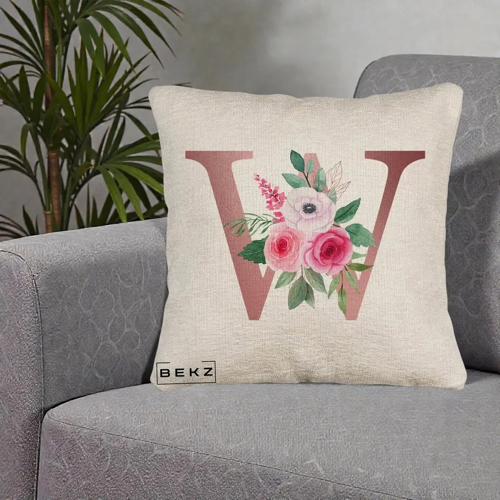 Cadou Personalizat - Perna Personalizata Monograma Rose Gold Litera W cu Trandafiri si Anemona, 40x40 cm, Bej Canapea, Husa Detasabila, Perna Inclusa, BEKZ®