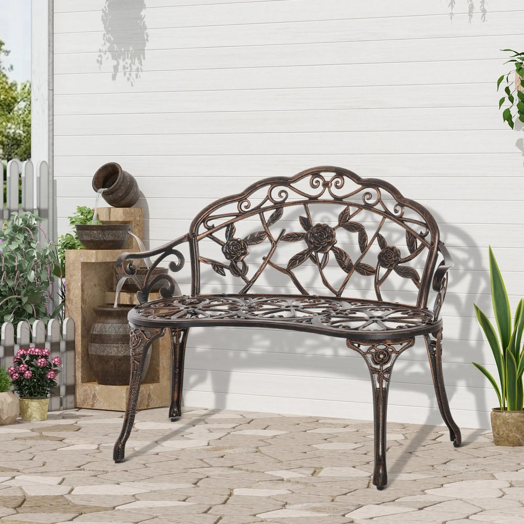 Outsunny Bancă de grădină 2 locuri din metal, bancă în stil retro, bancă de parc cu model floral 100 x 54 x 78 cm, Bronz | Aosom Romania