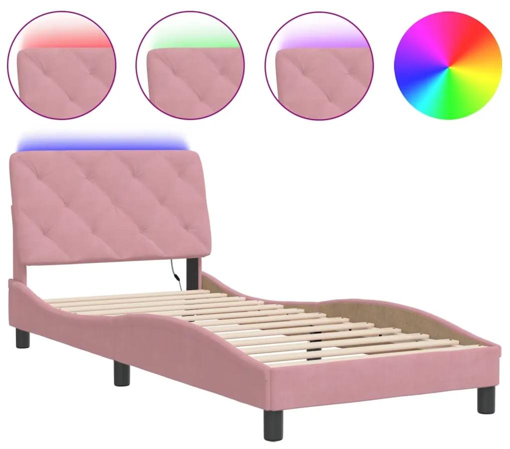 3213830 vidaXL Cadru de pat cu lumini LED, roz, 90x190 cm, catifea