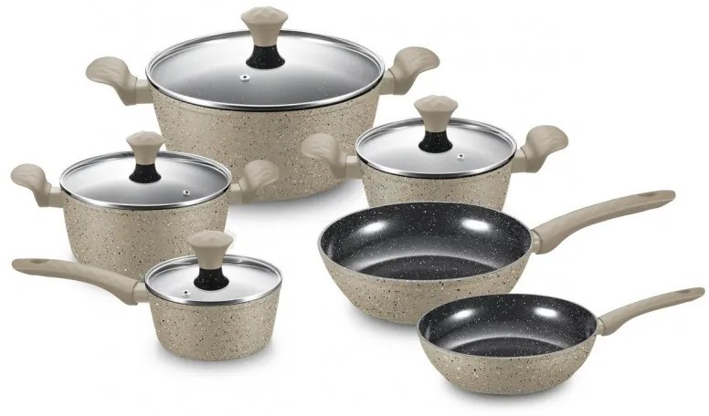 Set de oale si tigai Royalty Line FD10, 10 piese, Aluminiu turnat, Acoperire din marmura Greblon, Inductie, Bej