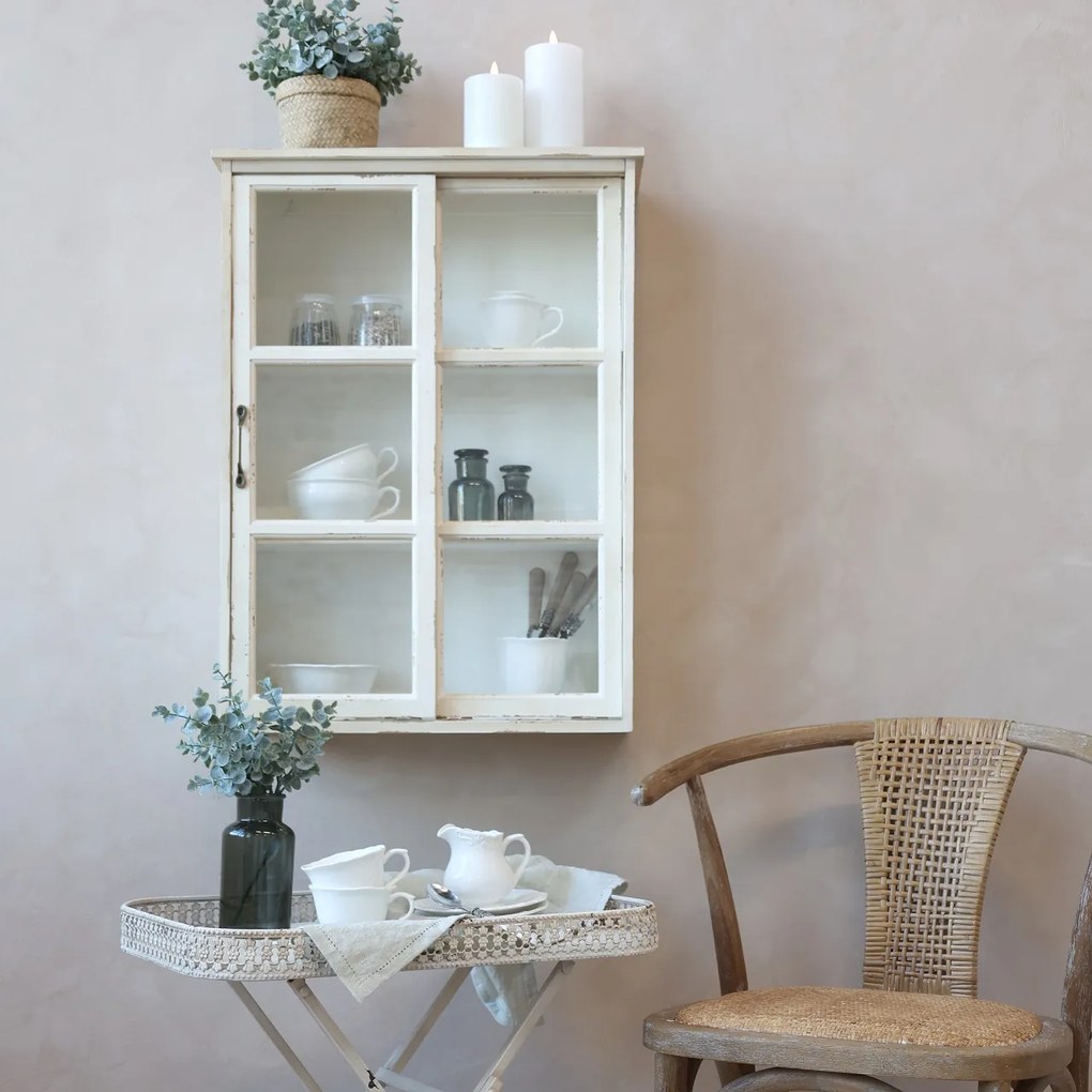 Dulap de perete shabby chic, alb antichizat, cu uși glisante din sticlă