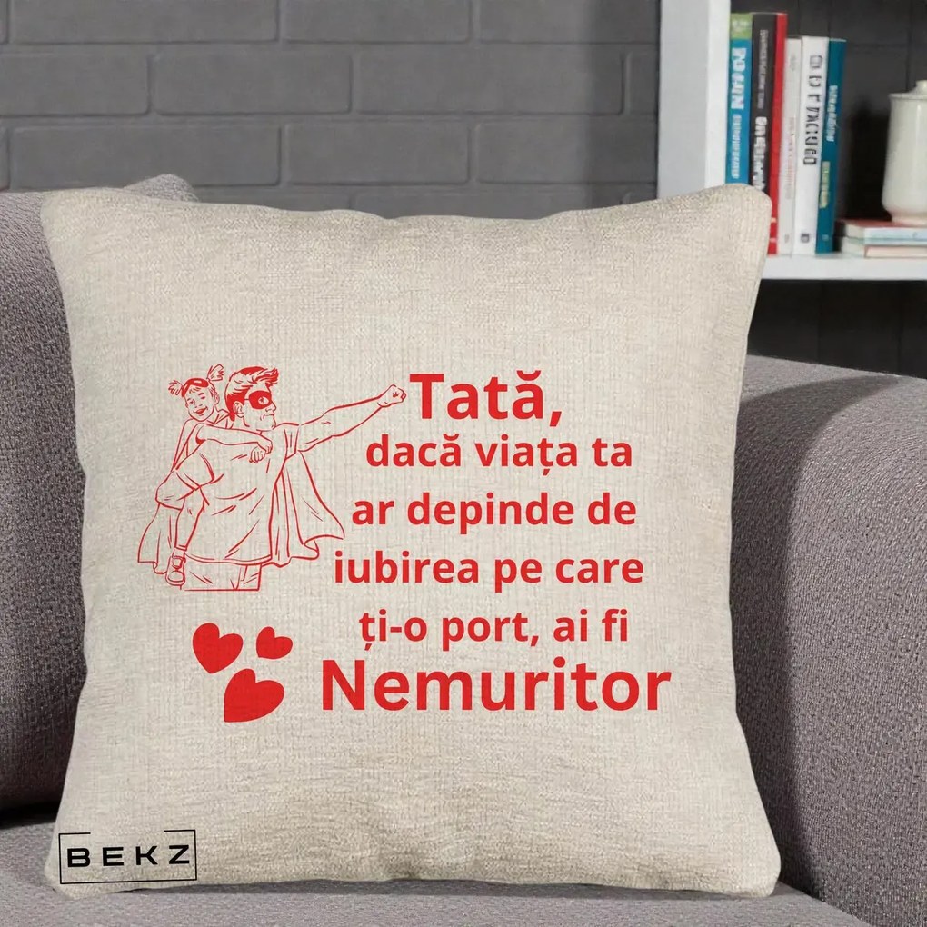 Cadou pentru Tata - Perna Personalizata Tata Nemuritor cu Fetita, 40x40 cm, Bej Canapea, Husa Detasabila, Perna Inclusa, BEKZ®