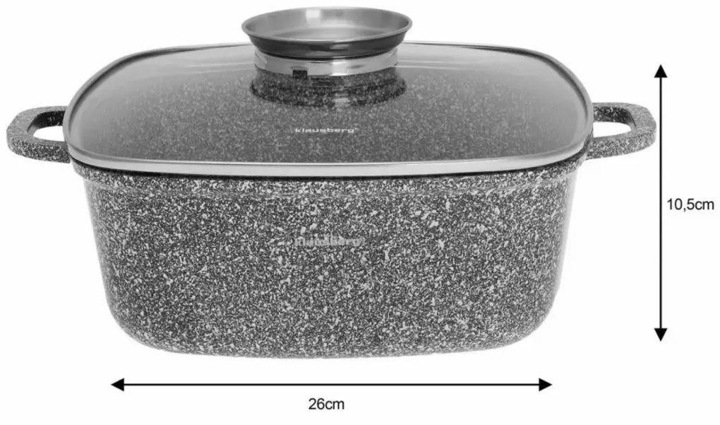 Oală pătrată cu capac 26x26 cm, 5.5L – Klausberg KB 7531, strat marmură, pentru toate plitele, aspect modern gri