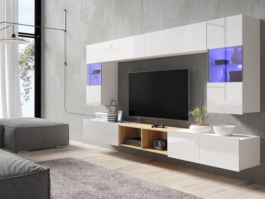 Camera de zi Providence B142Alb lucios, Alb, Stejar auriu, Cu componente suplimentare, Părți separate, Cu comodă tv, PAL laminat, Sticlă, 300x43cm, 118 kg