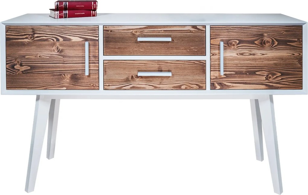 Consolă lemn masiv alb Timeless 2 Sertare 2 Uși, 138 × 38 × 80 cm