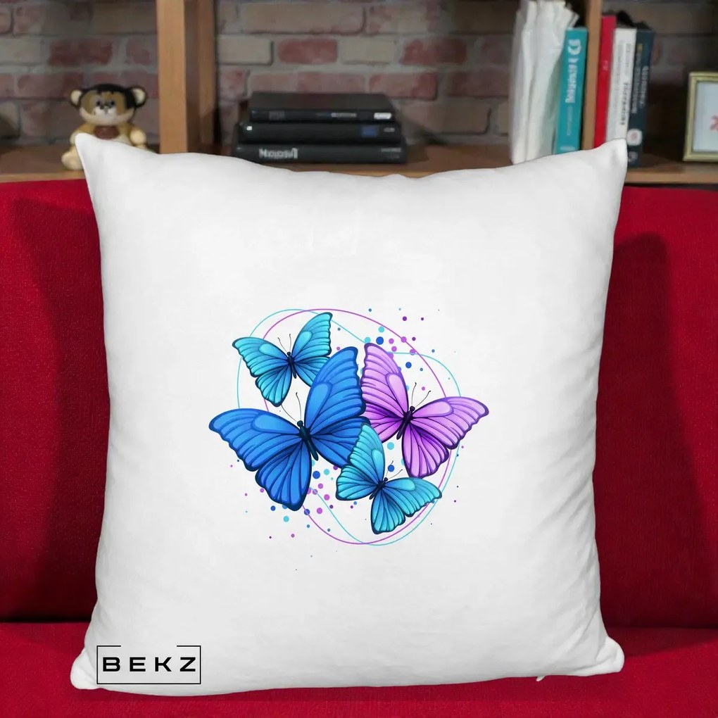 Perna Decorativa Patru Fluturi Turcoaz-Violet, 40x40 cm, Alb Pufos, Husa Detasabila, Perna Inclusa, BEKZ®