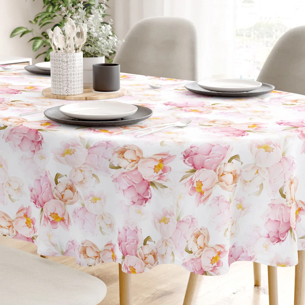 Goldea față de masă 100% bumbac deluxe - flori de bujor înfloriți - ovală 140 x 280 cm