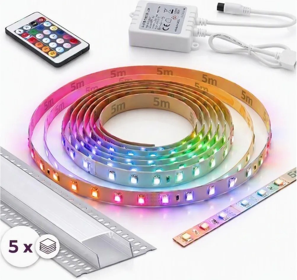 Set 1x bandă LED RGBW digitală, 16,5W/230V, 5 m + 5x profil încastrat 1 m + telecomandă