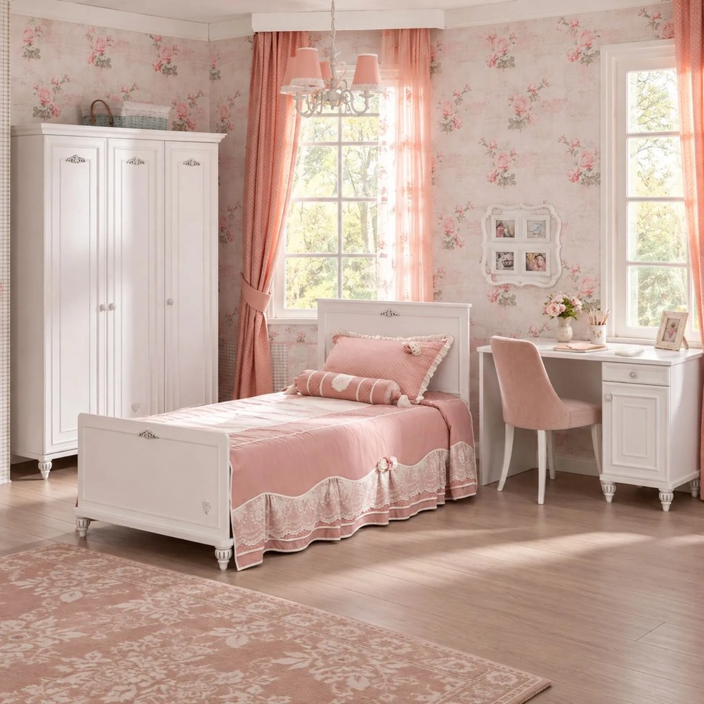 Set mobilier camera copii si adolescenti Romantica ,   Pat 120x200 cm, Dulap 3 usi si Birou