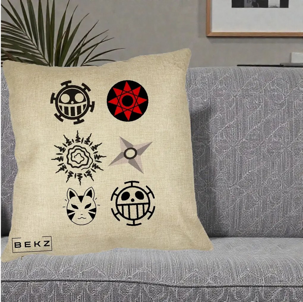 Perna Personalizata Simboluri Anime Mix - Naruto One Piece, 40x40 cm, Crem, Husa Detasabila, Perna Inclusa, BEKZ®