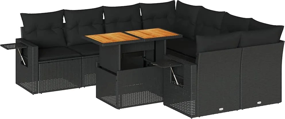 vidaXL Set mobilier de grădină cu perne, 9 piese, negru, poliratan