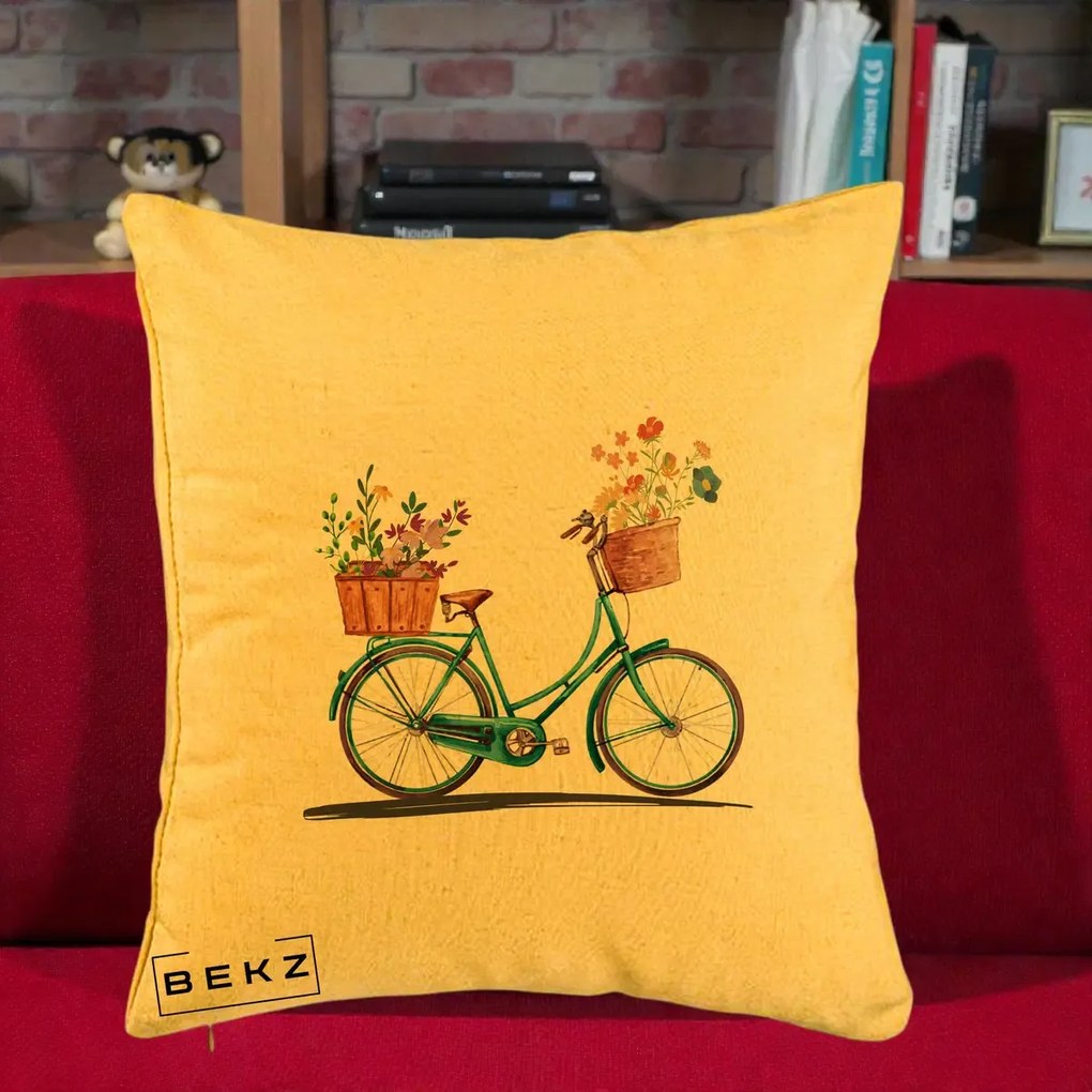 Perna Decorativa Bicicleta Florala Turcoaz Acuarela, 40x40 cm, Galben, Husa Detasabila, Perna Inclusa, BEKZ®