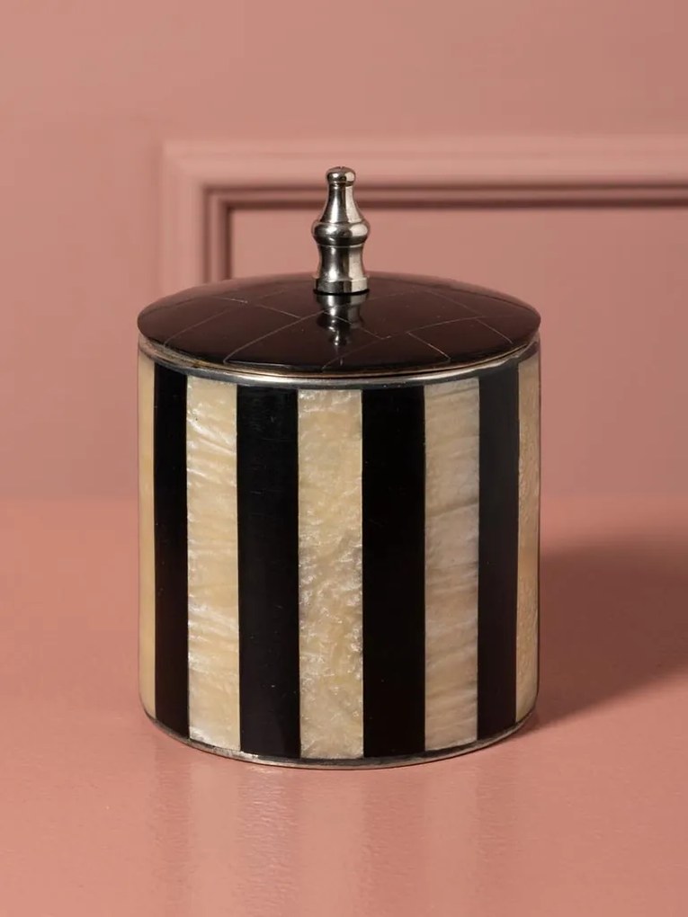 Set 2 cutii decorative din metal și rășină, dungi negre și natur, capac negru cu buton argintiu, finisaj lucios, 20 x 12,5 cm, „Élégance”
