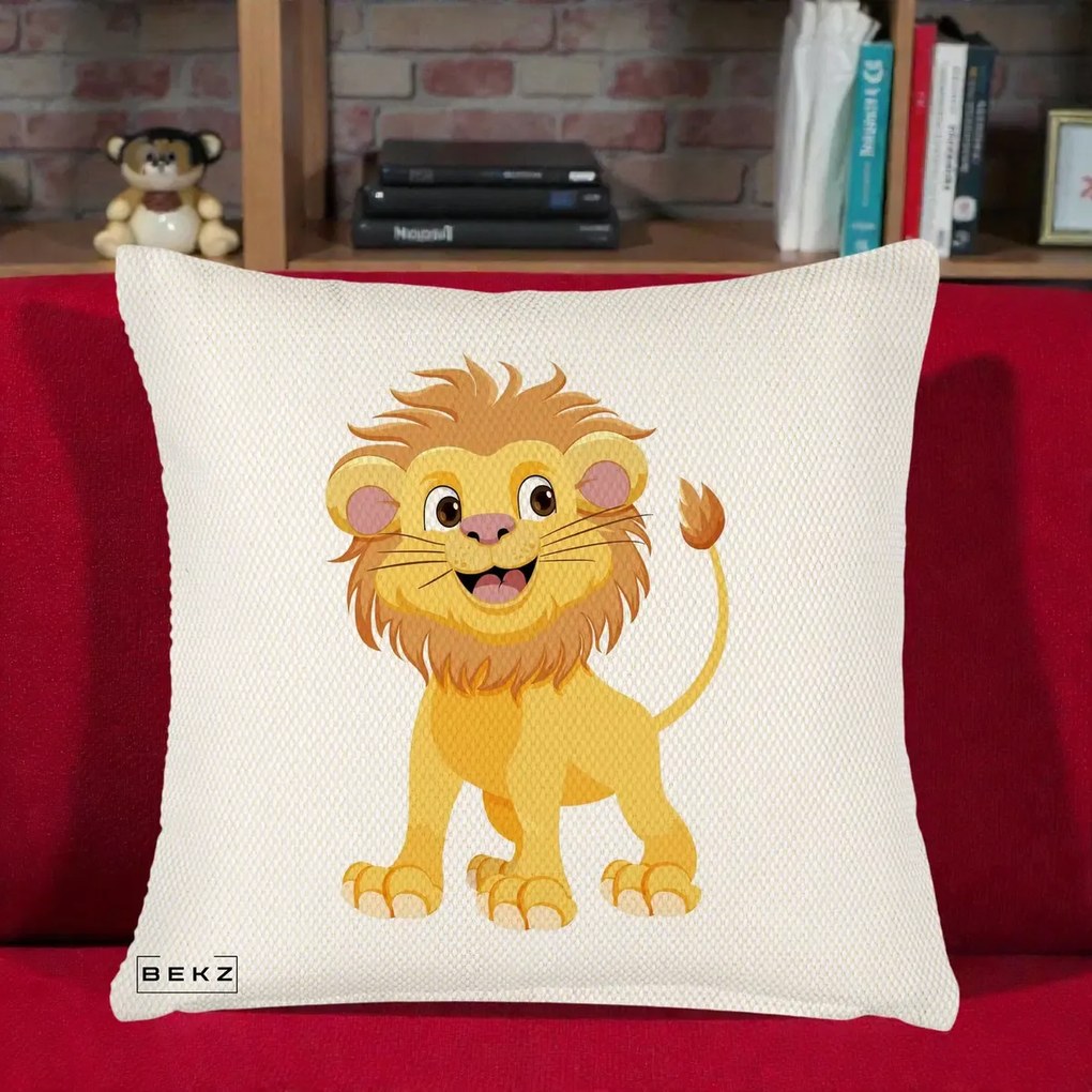 Perna Decorativa Pui de Leu Kawaii, 40x40 cm, Crem Reliefat, Husa Detasabila, Perna Inclusa, BEKZ®