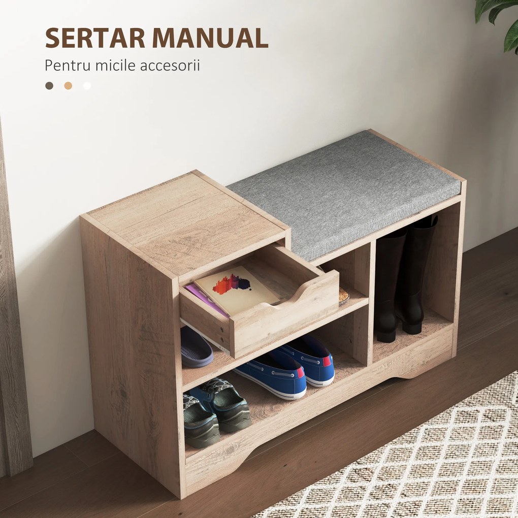 HOMCOM Bancă pentru Încălțăminte cu Pernă de Șezut, 76,5x30x52 cm, Gri | Aosom Romania