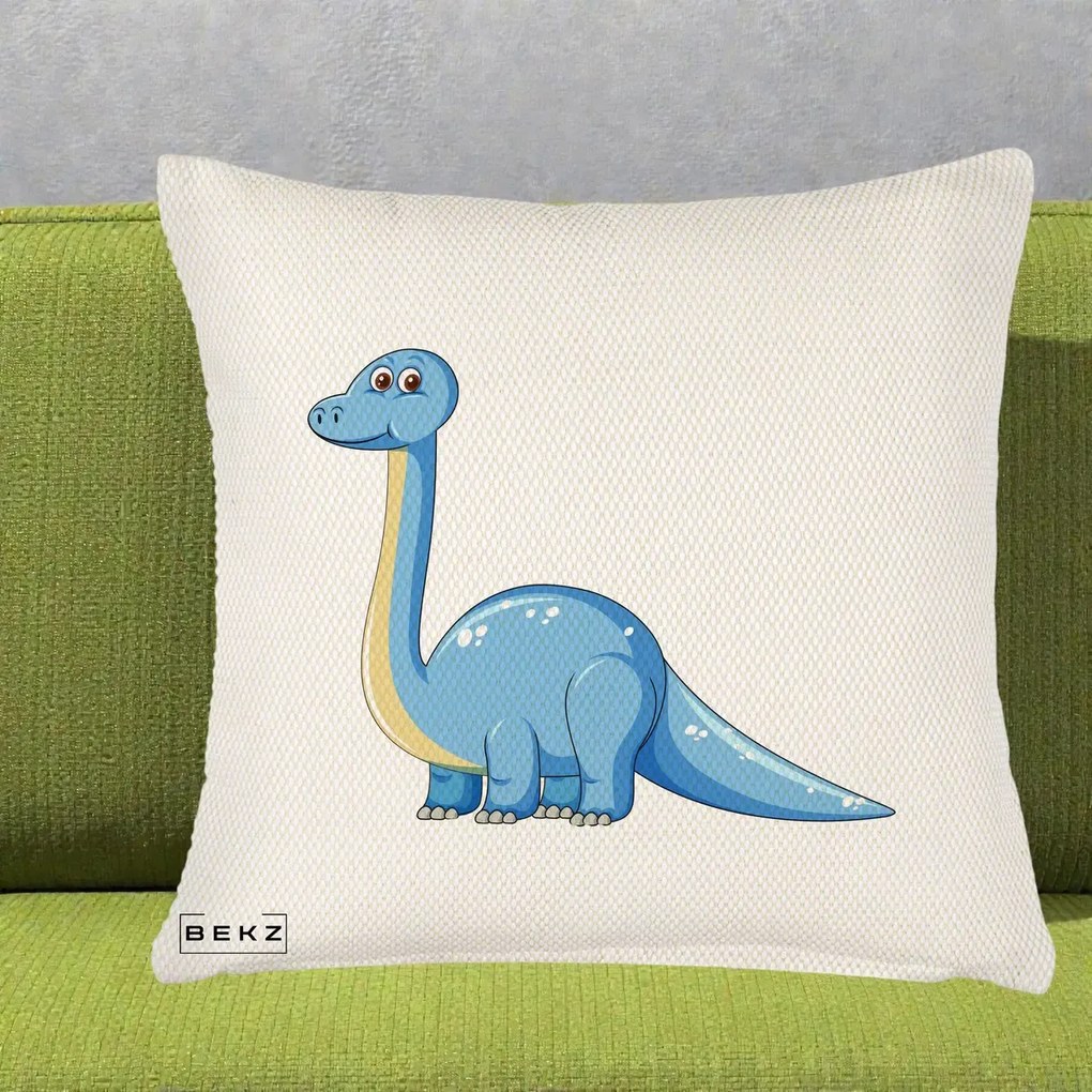 Perna Personalizata Brontosaur Albastru, 40x40 cm, Crem Reliefat, Husa Detasabila, Perna Inclusa, BEKZ®