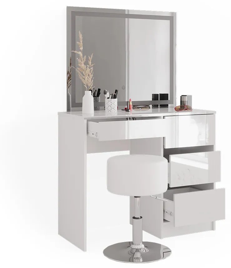 SEA468 - Set Masa toaleta, 90 cm, moderna cosmetica machiaj oglinda, masuta vanity, oglinda cu LED, cu sau fara scaun - Alb Lucios