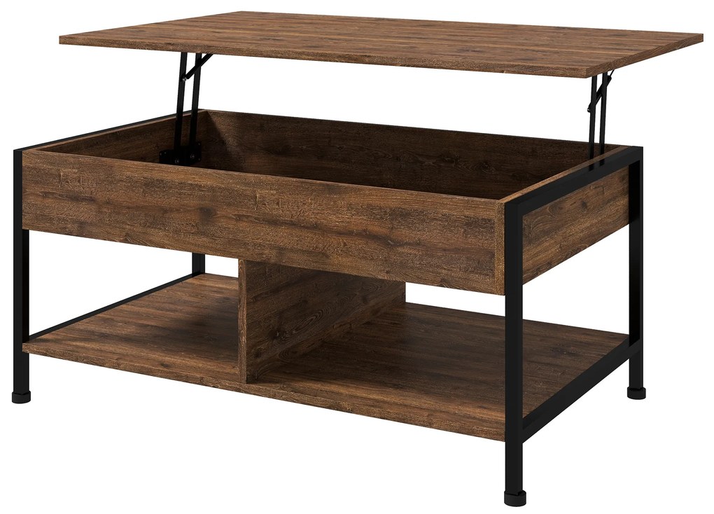 HOMCOM Masă de cafea ridicabilă masă de salon cu compartiment ascuns și 2 rafturi inferioare 100 x 80 x 60 cm maro rustic negru | Aosom Romania