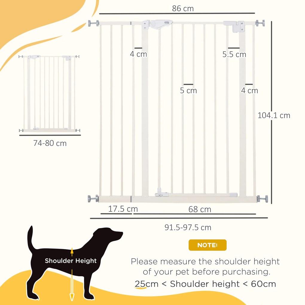 PawHut Poarta pentru Caini cu 4 Suruburi Reglabile si Banda Adeziva, Poarta de Siguranta din Metal si Plastic, 86x104.1 cm, Alb | Aosom Romania