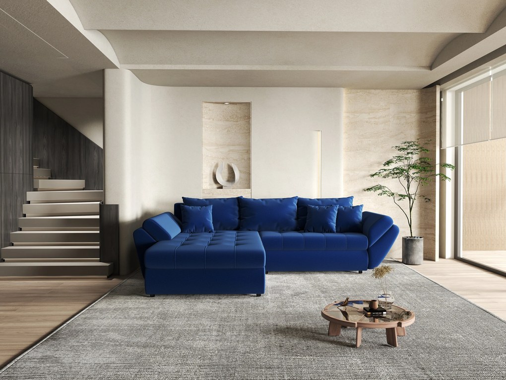 Colțar extensibil dumonde cu ladă de depozitare si sezut confortabil din spuma high-density, Loana Royal Blue 270x185 cm