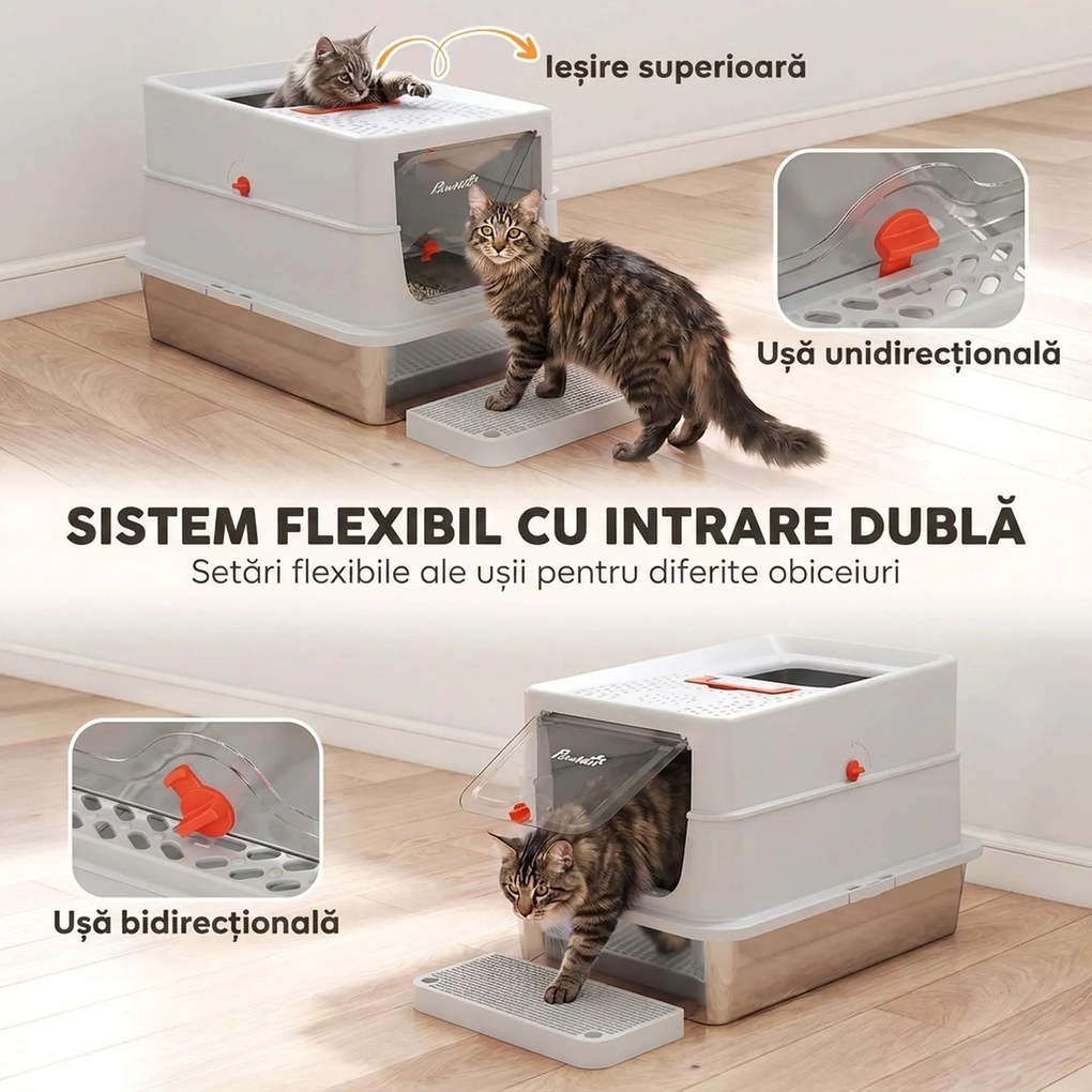 PawHut Litieră pentru Pisici din Oțel Inoxidabil, Închisă, Antimiros, XXL, Gri Deschis | Aosom Romania