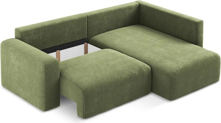 Colțar verde extensibil/cu spațiu de depozitare cu tapițerie din chenille (cu colț pe partea dreaptă/în formă de ”L”) Kona – Makamii