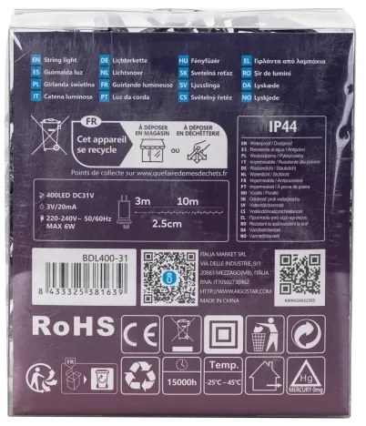 Aigostar - Ghirlandă LED pentru exterior, 400 LED-uri, 8 funcții, 13 m, IP44, alb rece