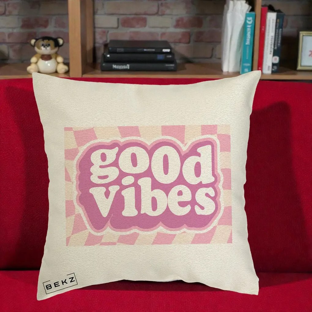 Perna Decorativa Good Vibes Retro Roz, 40x40 cm, Ecru, Husa Detasabila, Perna Inclusa, BEKZ®