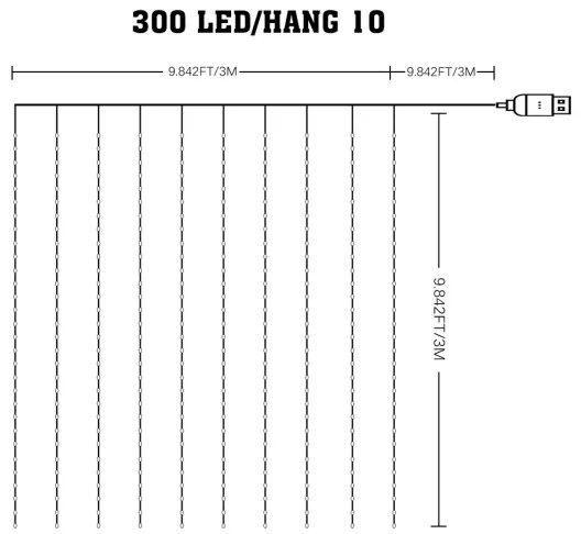 Perdea LED RGB dimabilă de Crăciun WIZARD 300xLED/USB 3x3m + telecomandă