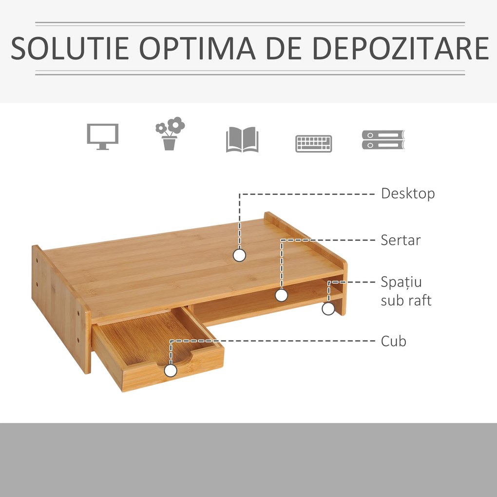 HOMCOM Suport pentru Monitor cu Spațiu pentru Mouse și Tastatură și Raft de Depozitare, 49x25,5x11,5 cm, Natural | Aosom Romania