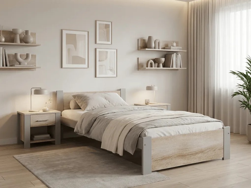 Pat de o persoana IKAROS 90 x 200 cm, stejar sonoma/gri Saltele: Cu saltele Coco Maxi 20 cm, Somiera pat: Cu lamele drepte