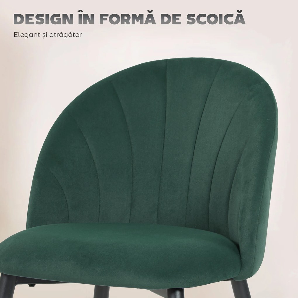 HOMCOM Set de 2 Scaune de Sufragerie din Catifea, Scaune Bucătărie cu Spătar Curbat în Formă de Scoică, Picioare din Metal, Stil Nordic, Scaun Tapițat pentru Bucătărie, Dormitor, Cameră de Zi, Verde Închis | Aosom Romania
