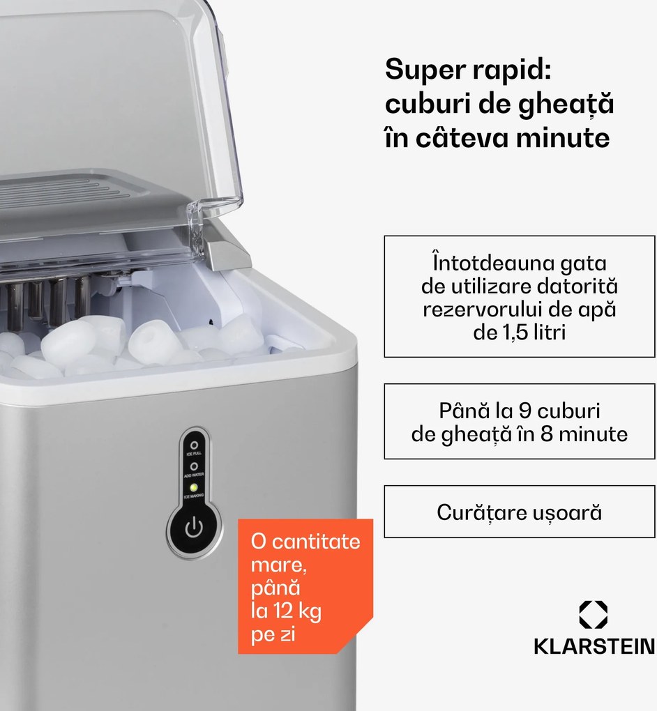 Klarstein Chillout, aparat pentru gheață, bucăți rotunde de gheață, 12 kg / 24 ore, rezervor de apă: 1,5 l, argintiu