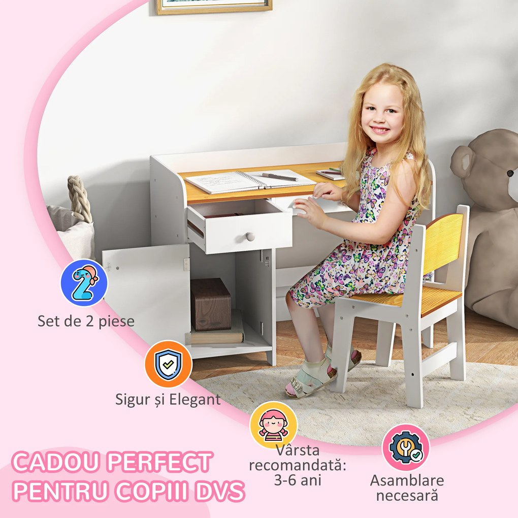 Masa de birou ZONEKIZ pentru copii cu scaun, birou de scoală pentru copii de 3-6 ani din lemn cu sertar si scaun asortat, alb | Aosom Romania