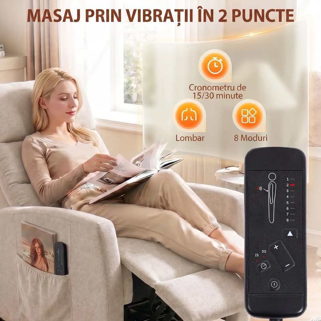 HOMCOM Fotoliu Masaj Reclinabil Manual 160°, Chenille, Suport Picioare, Telecomandă, Buzunare, Crem | Aosom Romania