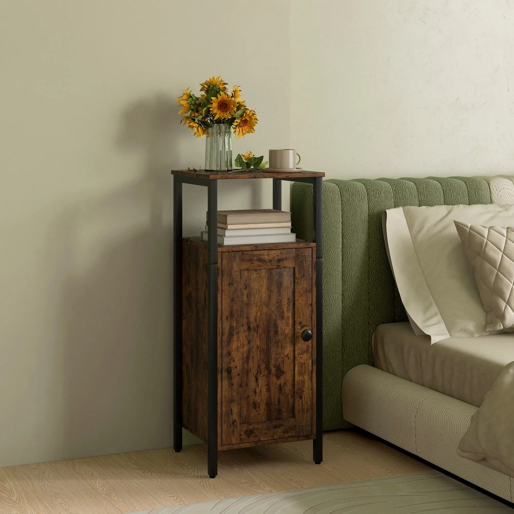HOMCOM Noptieră în Stil Industrial cu 2 Rafturi Deschise și Raft Interior Reglabil pe 3 Nivele, 34x30x80 cm, Maro Rustic | Aosom Romania