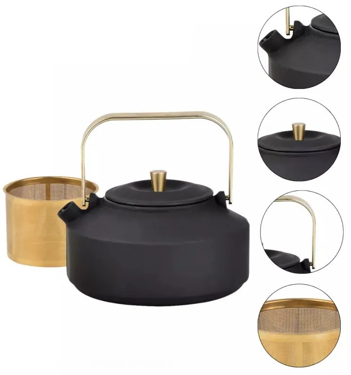 Ceainic din fonta cu infuzor Kinghoff KH 1935, 1 l, Interior emailat, Inductie, Negru