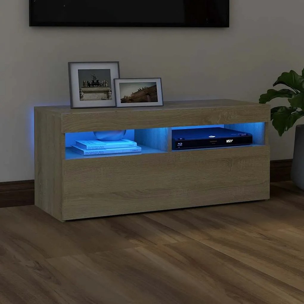 vidaXL Comodă TV cu lumini LED, stejar sonoma, 90x35x40 cm