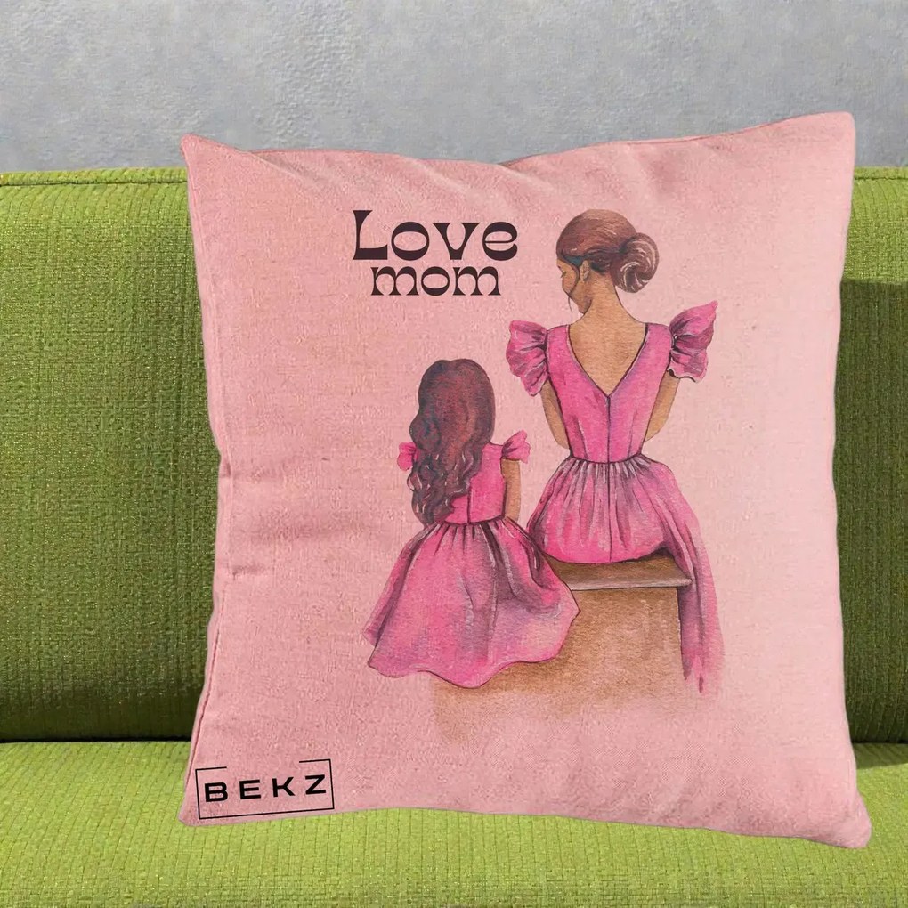 Cadou pentru Mama - Perna Personalizata Love Mom Rochii Roz, 40x40 cm, Roz, Husa Detasabila, Perna Inclusa, BEKZ®